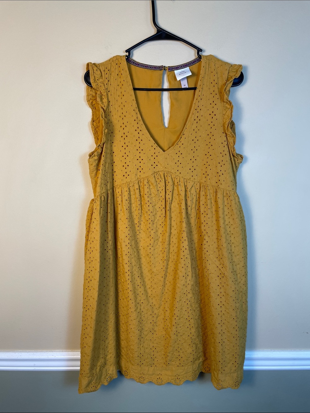 Knox Rose Women’s Embroidered Eyelet Mustard Yellow V-Neck Babydoll Mini Dress